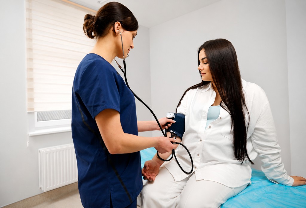 Clinician taking blood pressure reading from a pregnant patient in an OB/Gyn exam room